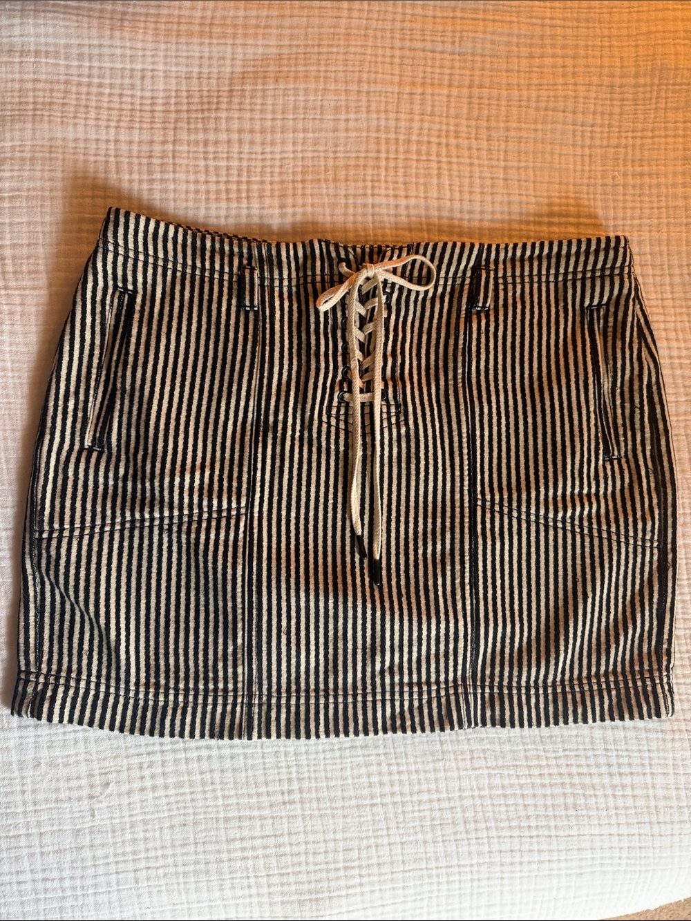 Madewell Black and White Striped Lace-Up Mini Skirt